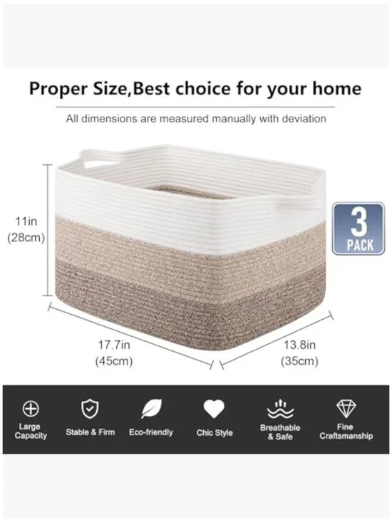 Cotton Rope Woven Storage Basket Pack of 3 Collapsible Organizer - Picture 3 of 7